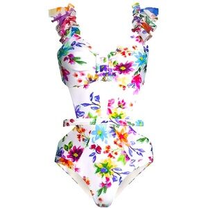 NWT ☀️ Designer PatBo Bloom Sweetheart Swimsuit Size Medium. Flowers. White.